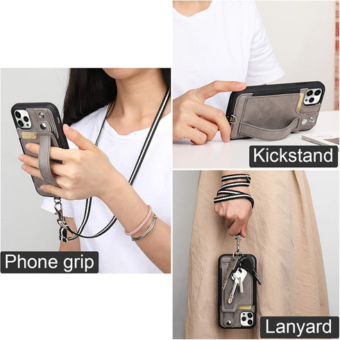 TOOVREN Wallet Case for iPhone 12 Pro Max Lanyard with Kickstand Leather Card Holder Adjustable Neck Strap, Phone Protective Back Cover for iPhone...